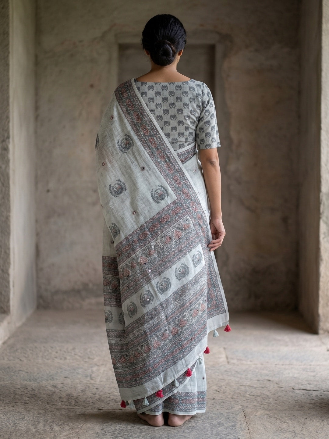 Peachmode Grey Peacock Printed Linen Saree With Mirror Work - Image 2
