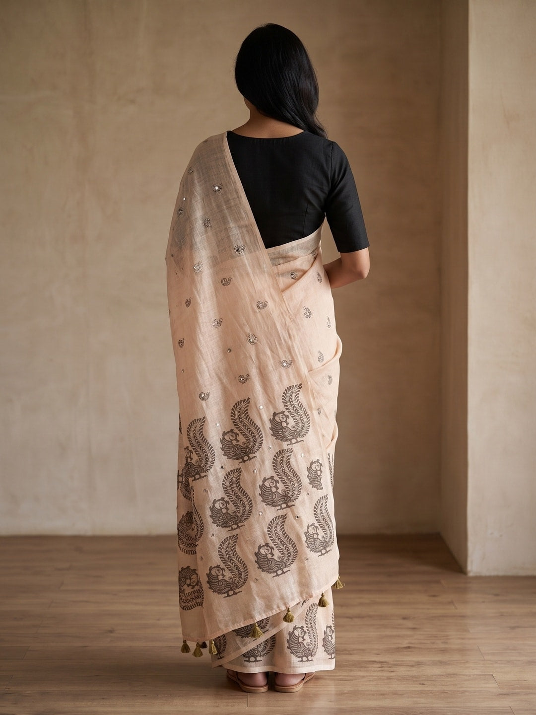 Peachmode Peach Peacock Paisley Printed Linen Saree With Mirror Work - Image 2