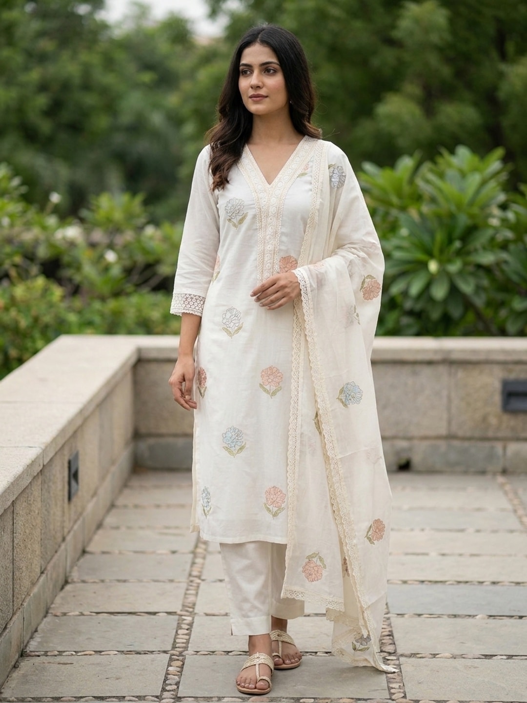 Peachmode Ivory Mul Cotton Embroidered Salwar Suit - Image 1