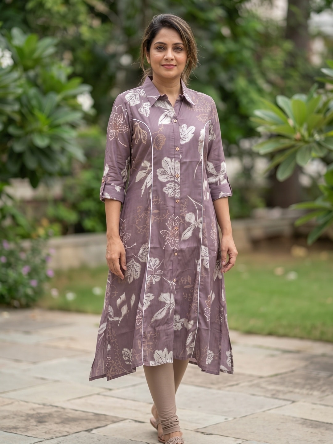 Peachmode Lavender Floral Print Viscose Blend Shirt Kurti - Image 2