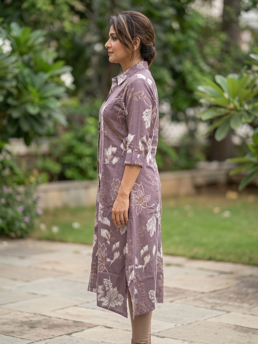 Peachmode Lavender Floral Print Viscose Blend Shirt Kurti - Image 3