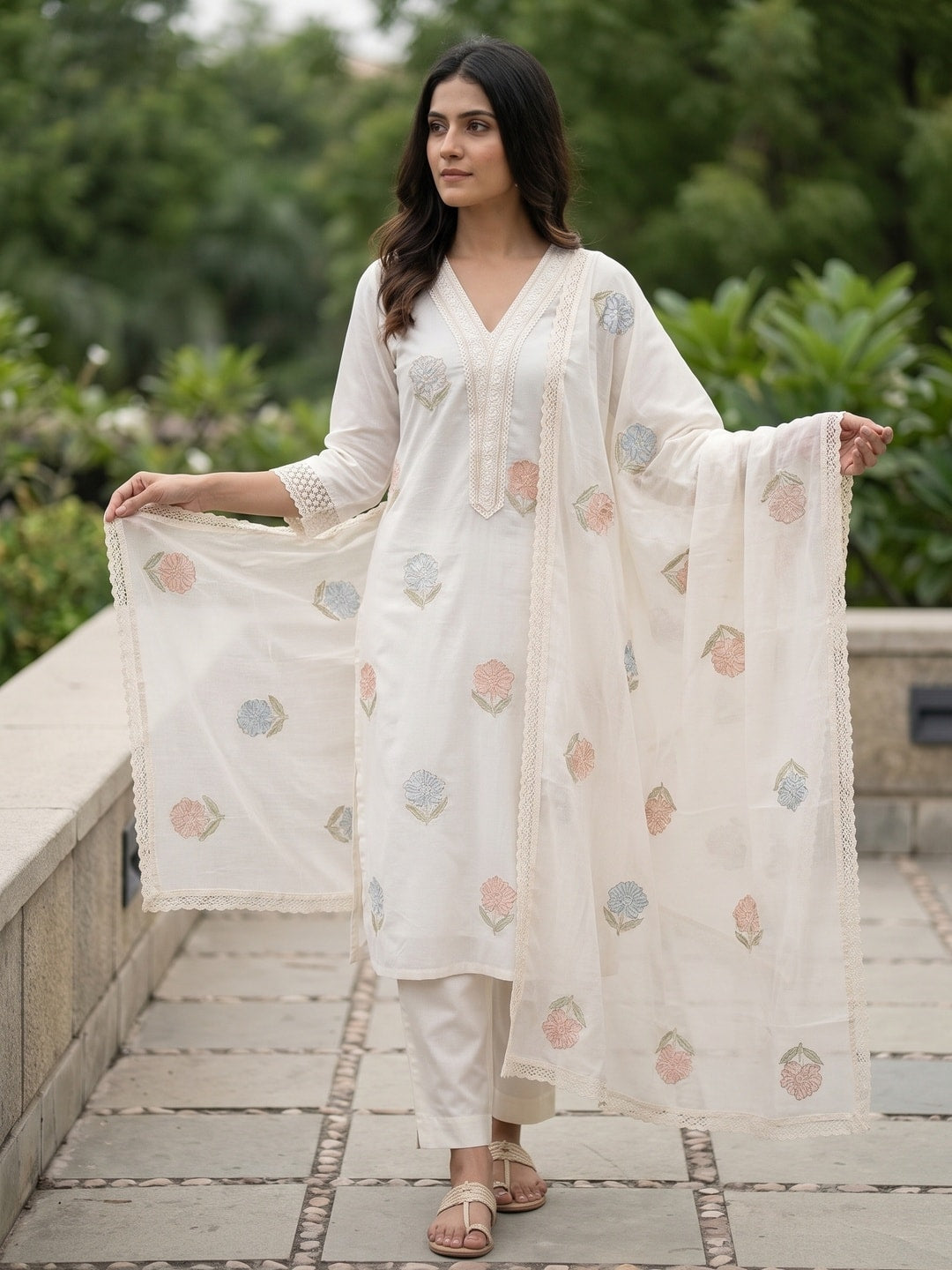Peachmode Ivory Mul Cotton Embroidered Salwar Suit - Image 2