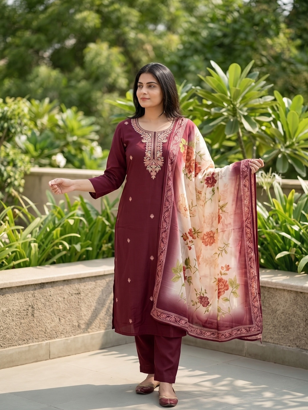 Peachmode Maroon Muslin Embroidered Yoke Salwar Suit With Floral Print Dupatta - Image 2