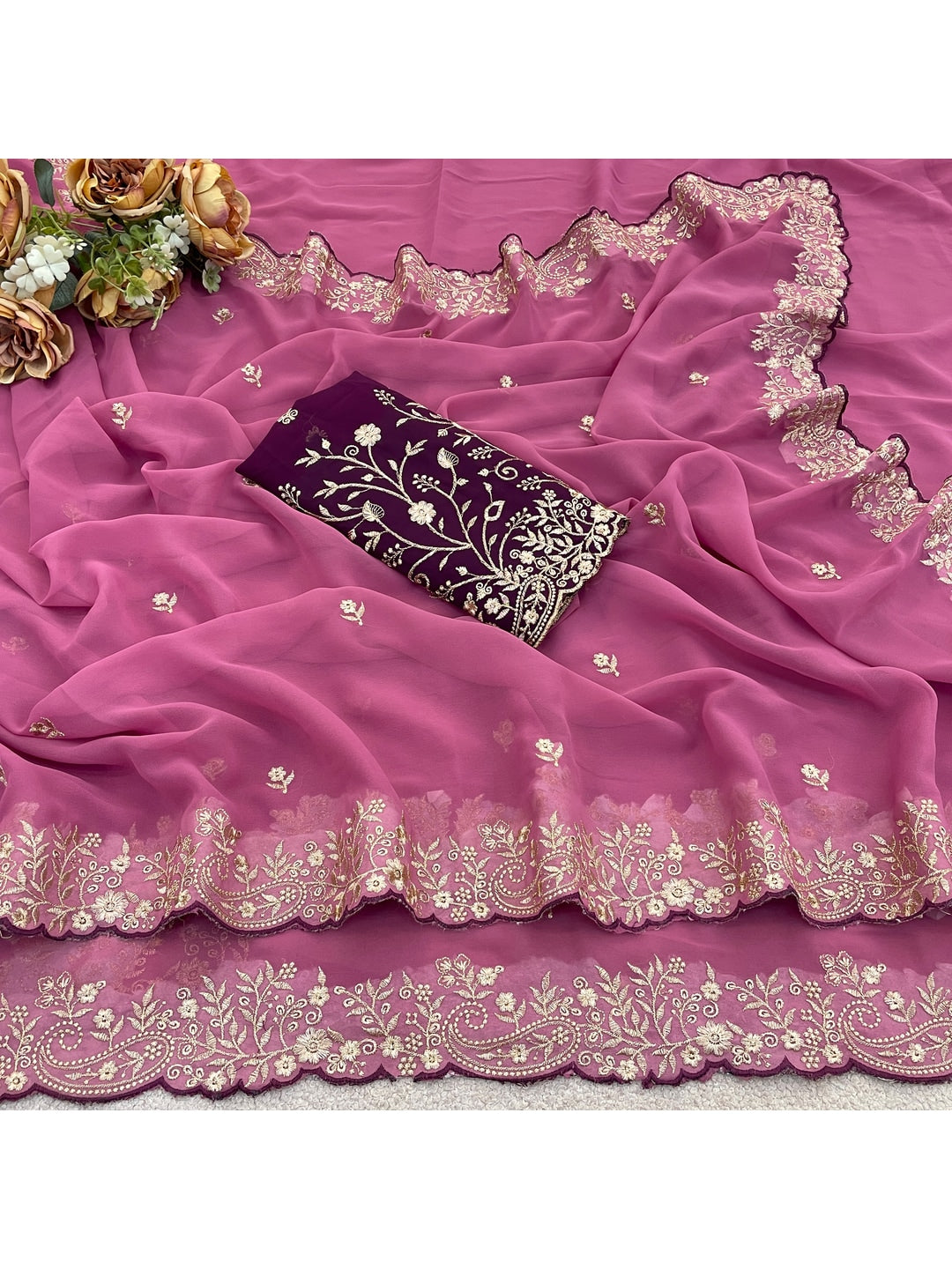 Peachmode Pink Embroidered Georgette Saree - Image 4