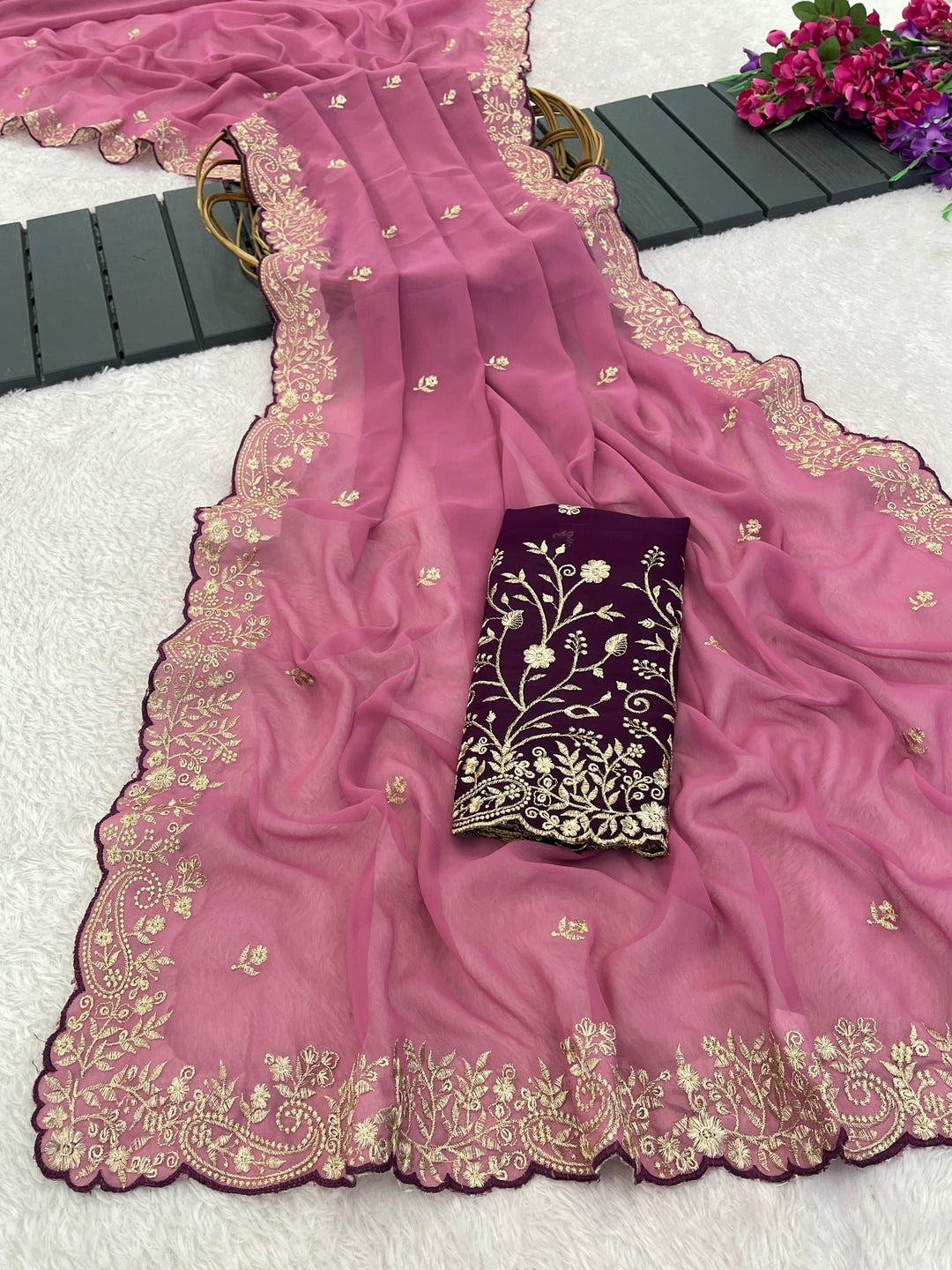 Peachmode Pink Embroidered Georgette Saree - Image 5