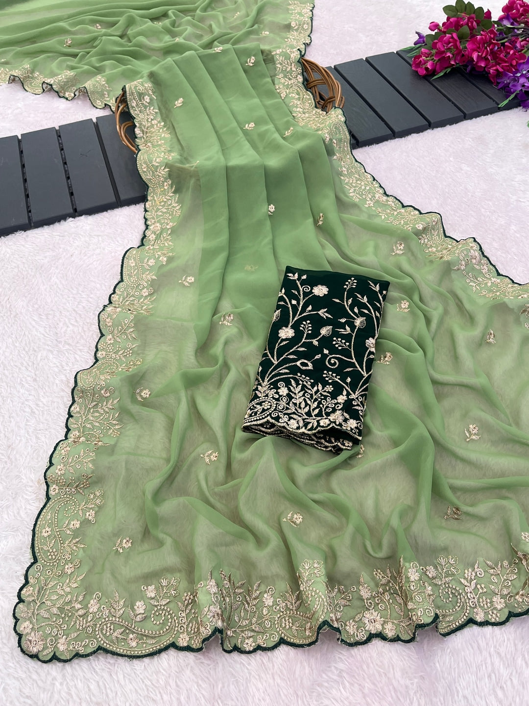 Peachmode Pista Green Embroidered Georgette Saree - Image 5