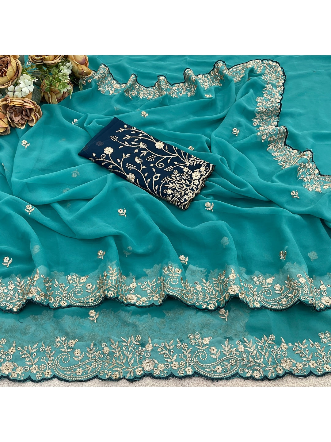 Peachmode Sky Blue Embroidered Georgette Saree - Image 4