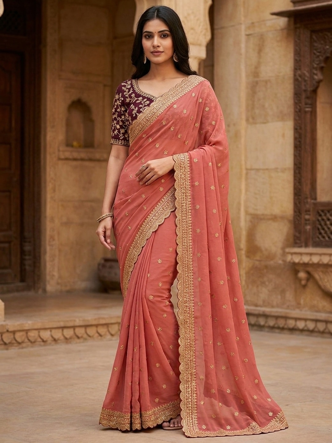 Peachmode Coral Embroidered Georgette Saree - Image 1