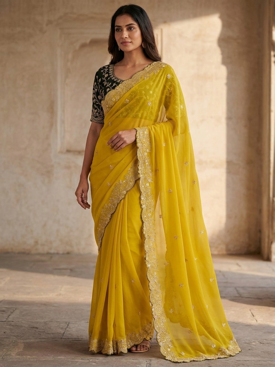 Peachmode Yellow Embroidered Georgette Saree - Image 1