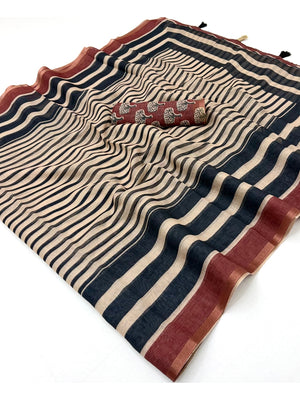 Peachmode Navy Blue Striped Linen Saree With Zari Border - Image 2