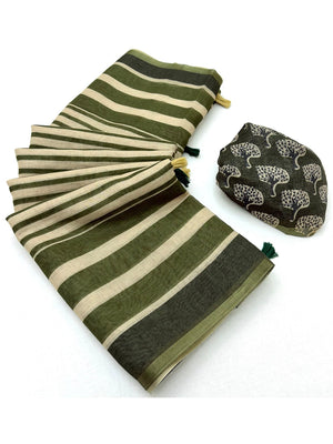 Peachmode Olive Green Striped Linen Saree With Zari Border - Image 1