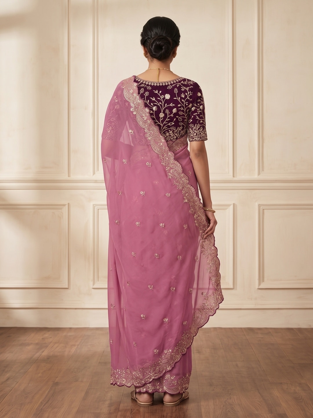 Peachmode Pink Embroidered Georgette Saree - Image 2