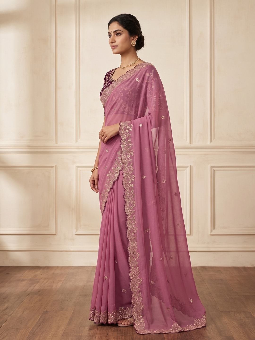 Peachmode Pink Embroidered Georgette Saree - Image 3