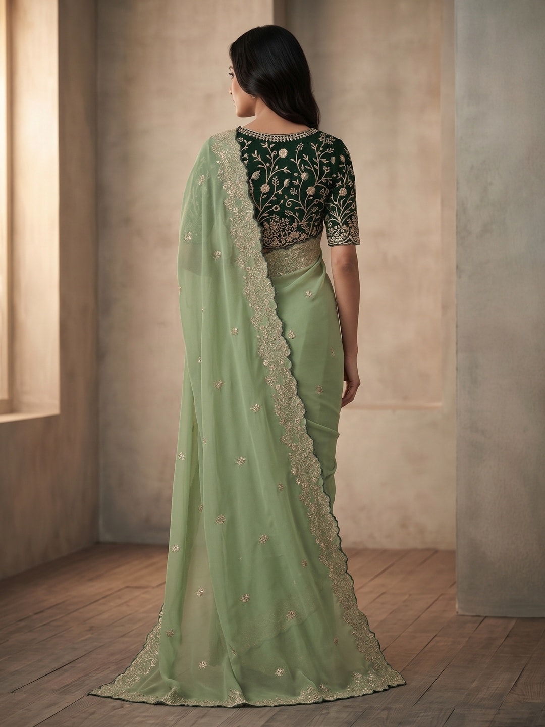 Peachmode Pista Green Embroidered Georgette Saree - Image 2
