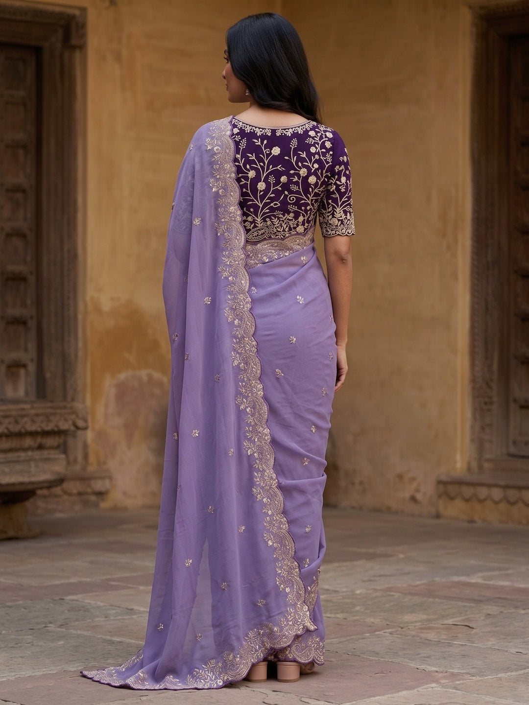 Peachmode Lavender Embroidered Georgette Saree - Image 2
