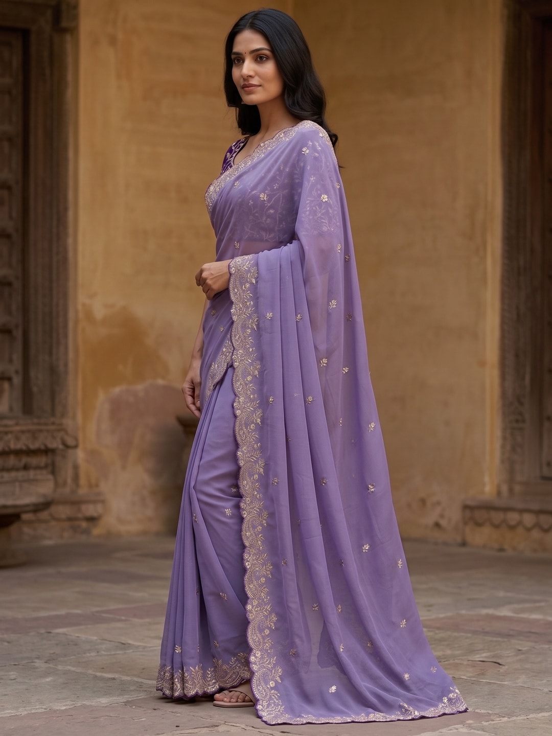 Peachmode Lavender Embroidered Georgette Saree - Image 3
