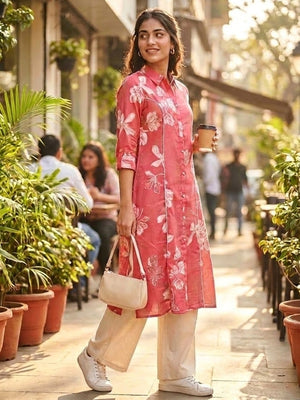Peachmode Pink Floral Print Viscose Blend Shirt Kurti - Image 2