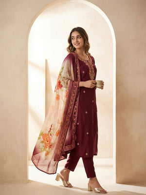Peachmode Maroon Muslin Embroidered Yoke Salwar Suit With Floral Print Dupatta - Image 2