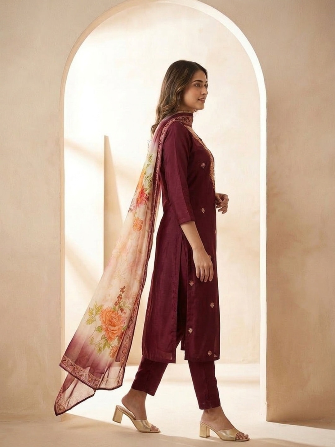 Peachmode Maroon Muslin Embroidered Yoke Salwar Suit With Floral Print Dupatta - Image 3