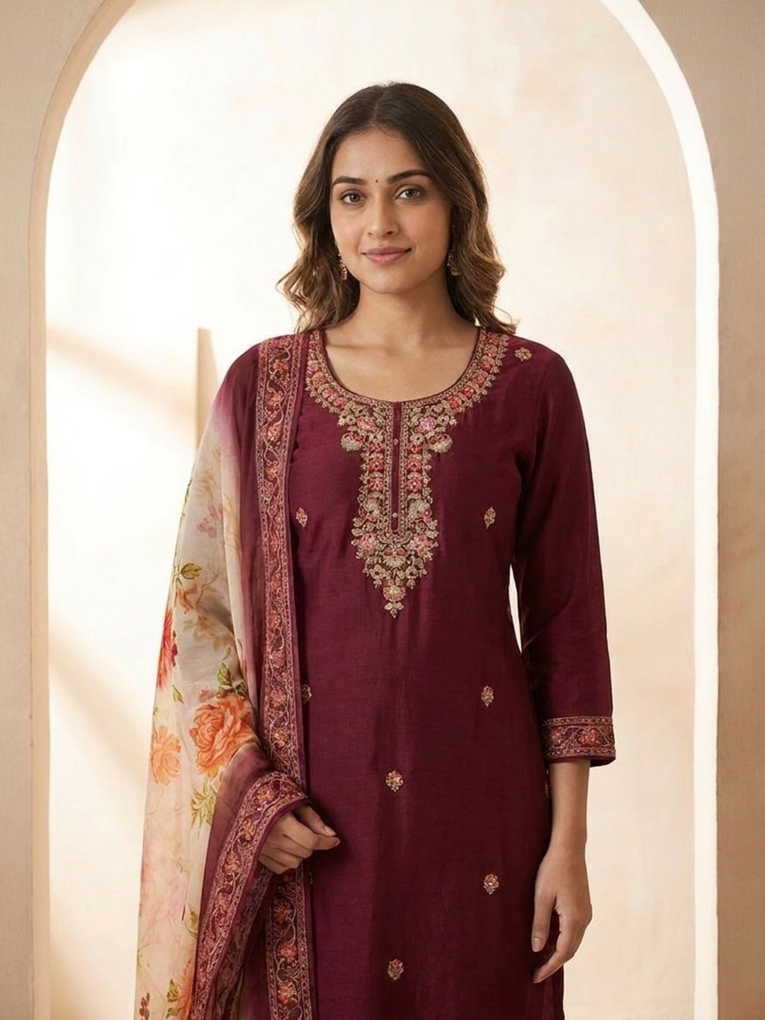Peachmode Maroon Muslin Embroidered Yoke Salwar Suit With Floral Print Dupatta - Image 5