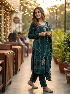 Peachmode Teal Embroidered Velvet Salwar Suit with Dupatta - Image 2