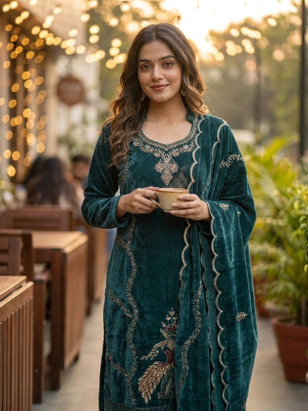 Peachmode Teal Embroidered Velvet Salwar Suit with Dupatta - Image 5