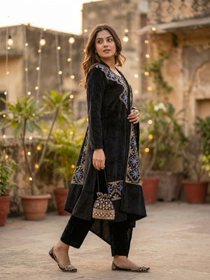 Peachmode Black Snowflake Embroidered Velvet Salwar Suit with Dupatta - Image 2