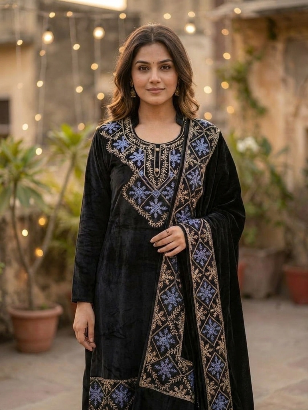 Peachmode Black Snowflake Embroidered Velvet Salwar Suit with Dupatta - Image 5
