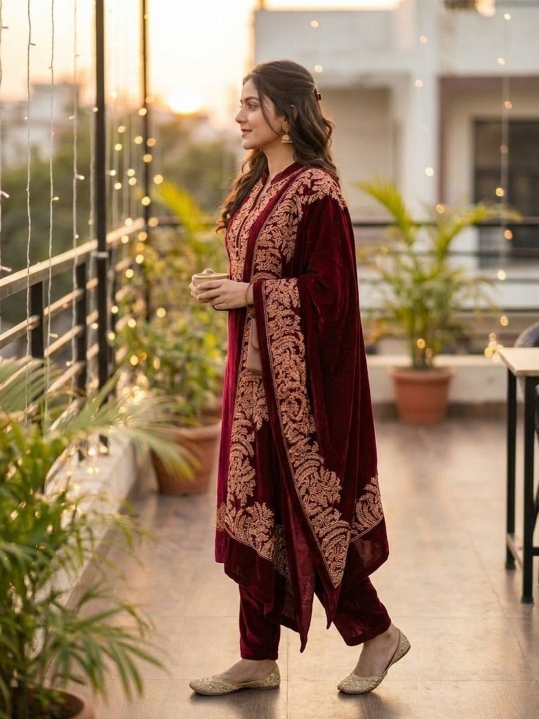 Peachmode Maroon Gold Embroidered Velvet Salwar Suit with Dupatta - Image 3