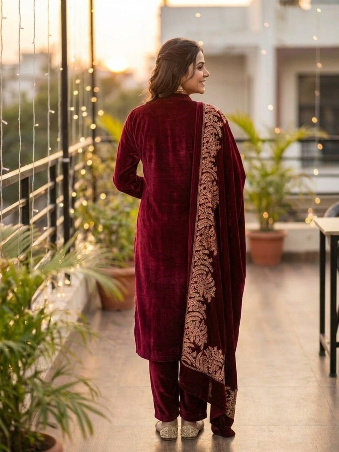 Peachmode Maroon Gold Embroidered Velvet Salwar Suit with Dupatta - Image 4