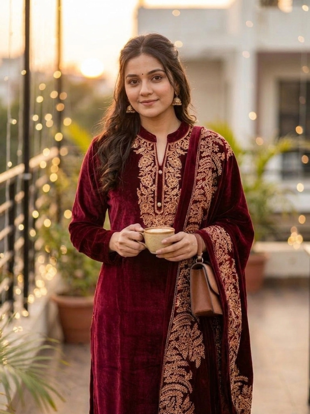 Peachmode Maroon Gold Embroidered Velvet Salwar Suit with Dupatta - Image 5