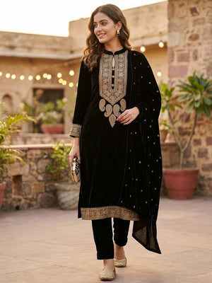 Peachmode Black Embroidered Velvet Salwar Suit with Dupatta - Image 2