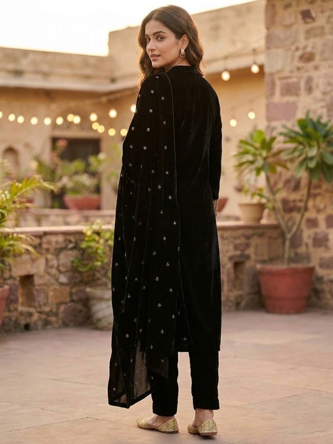 Peachmode Black Embroidered Velvet Salwar Suit with Dupatta - Image 4