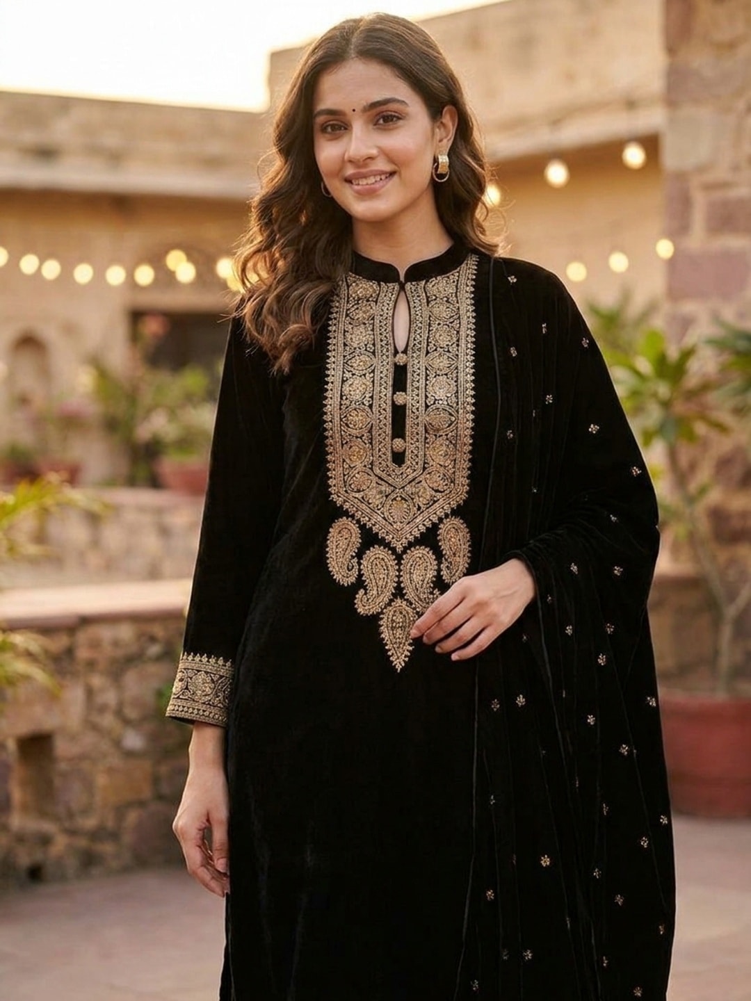 Peachmode Black Embroidered Velvet Salwar Suit with Dupatta - Image 5