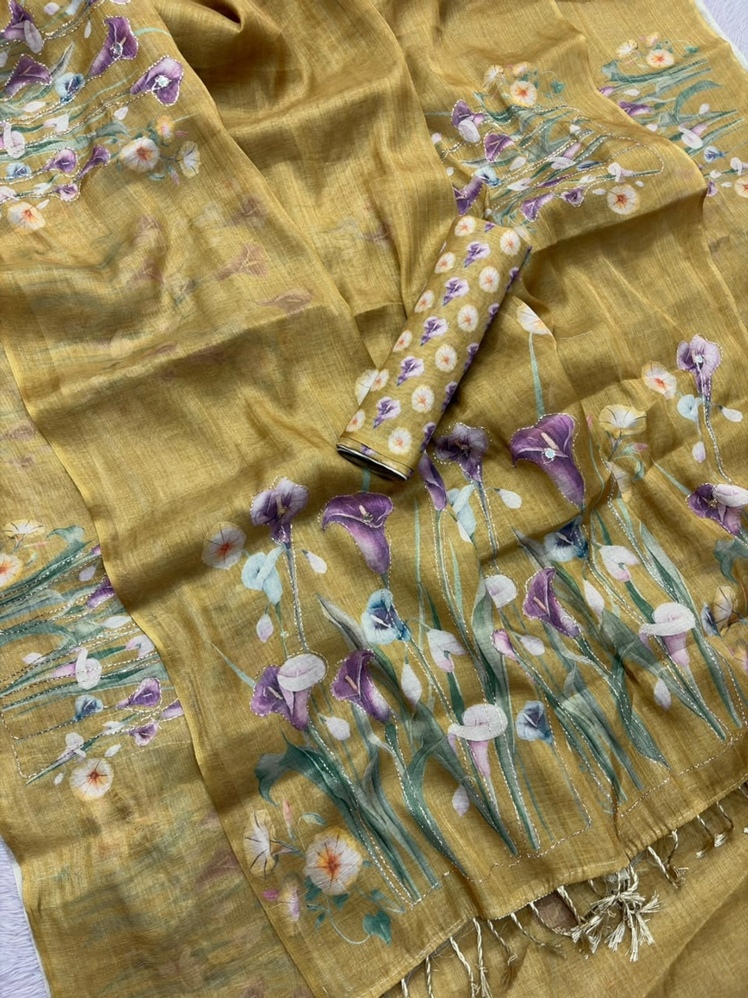 Peachmode Mustard Digital Printed Erod Silk Saree - Image 4