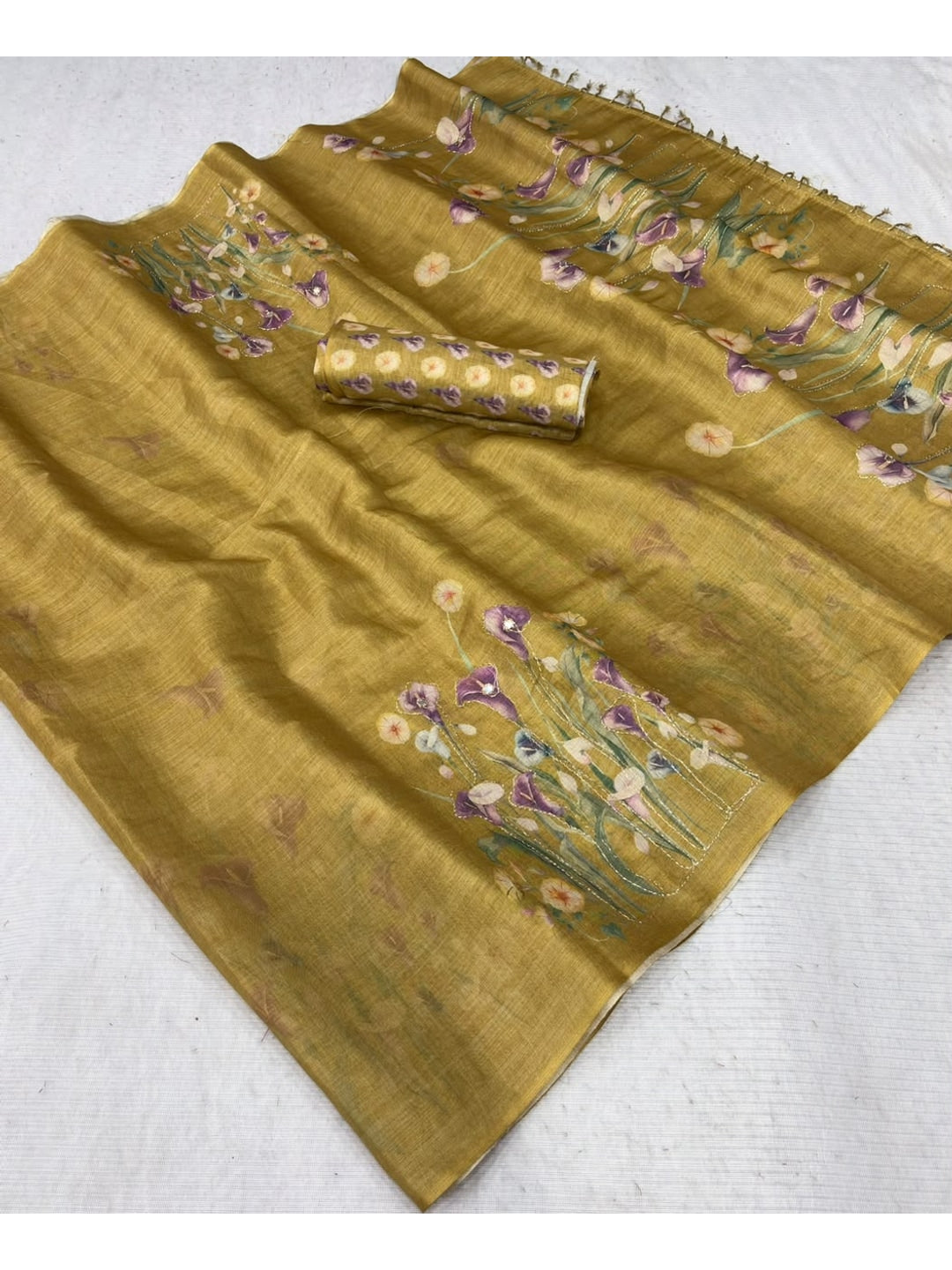 Peachmode Mustard Digital Printed Erod Silk Saree - Image 5