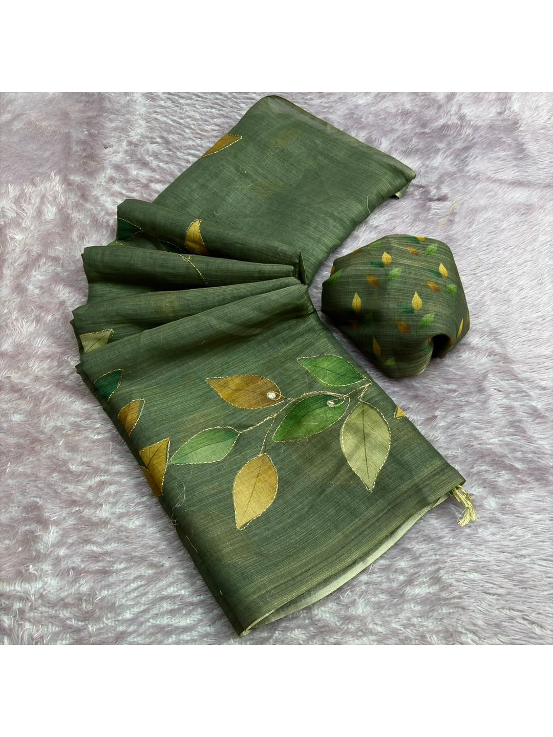Peachmode Olive Green Digital Printed Erod Silk Saree - Image 5