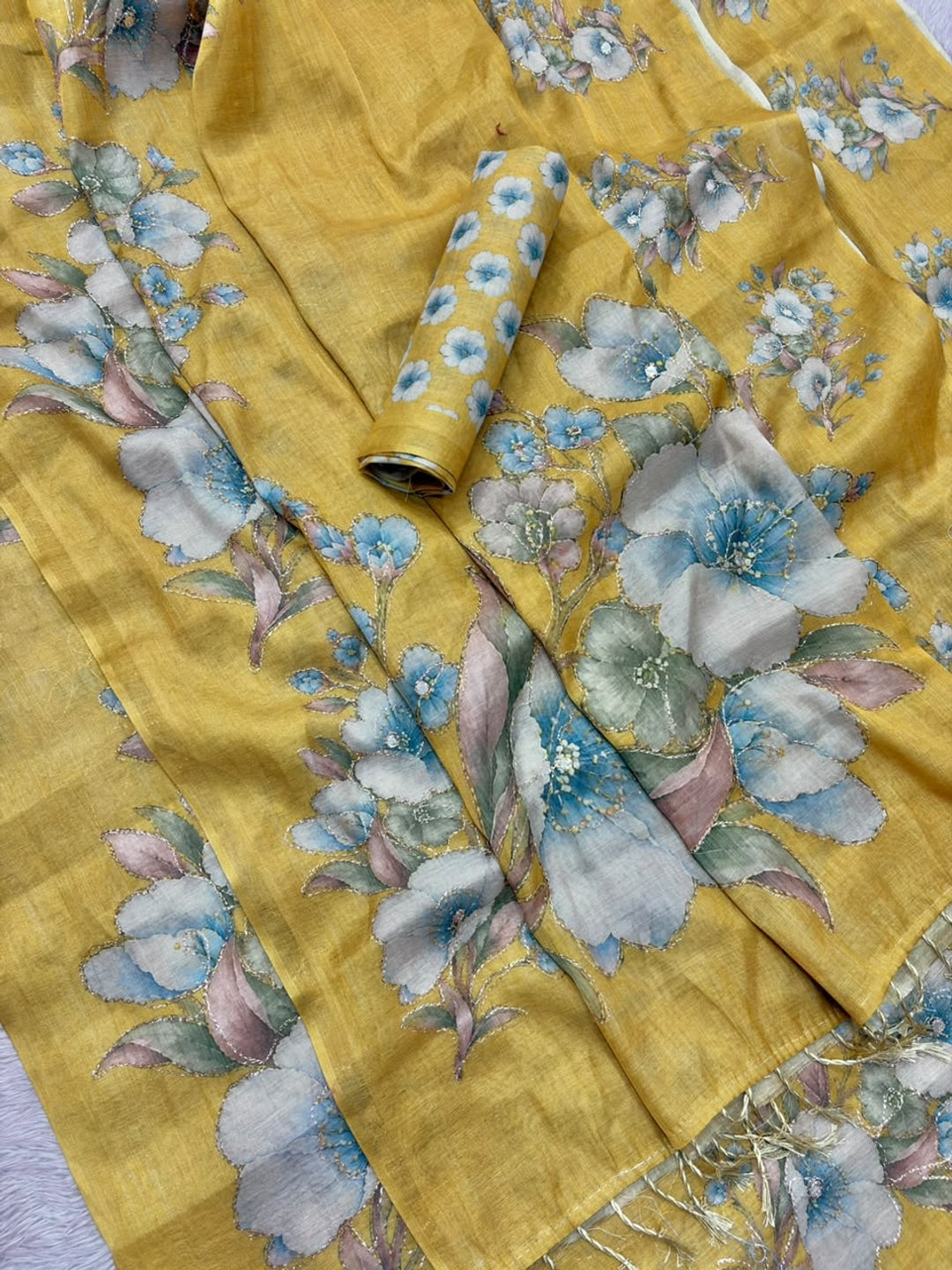 Peachmode Yellow Digital Printed Erod Silk Saree - Image 3