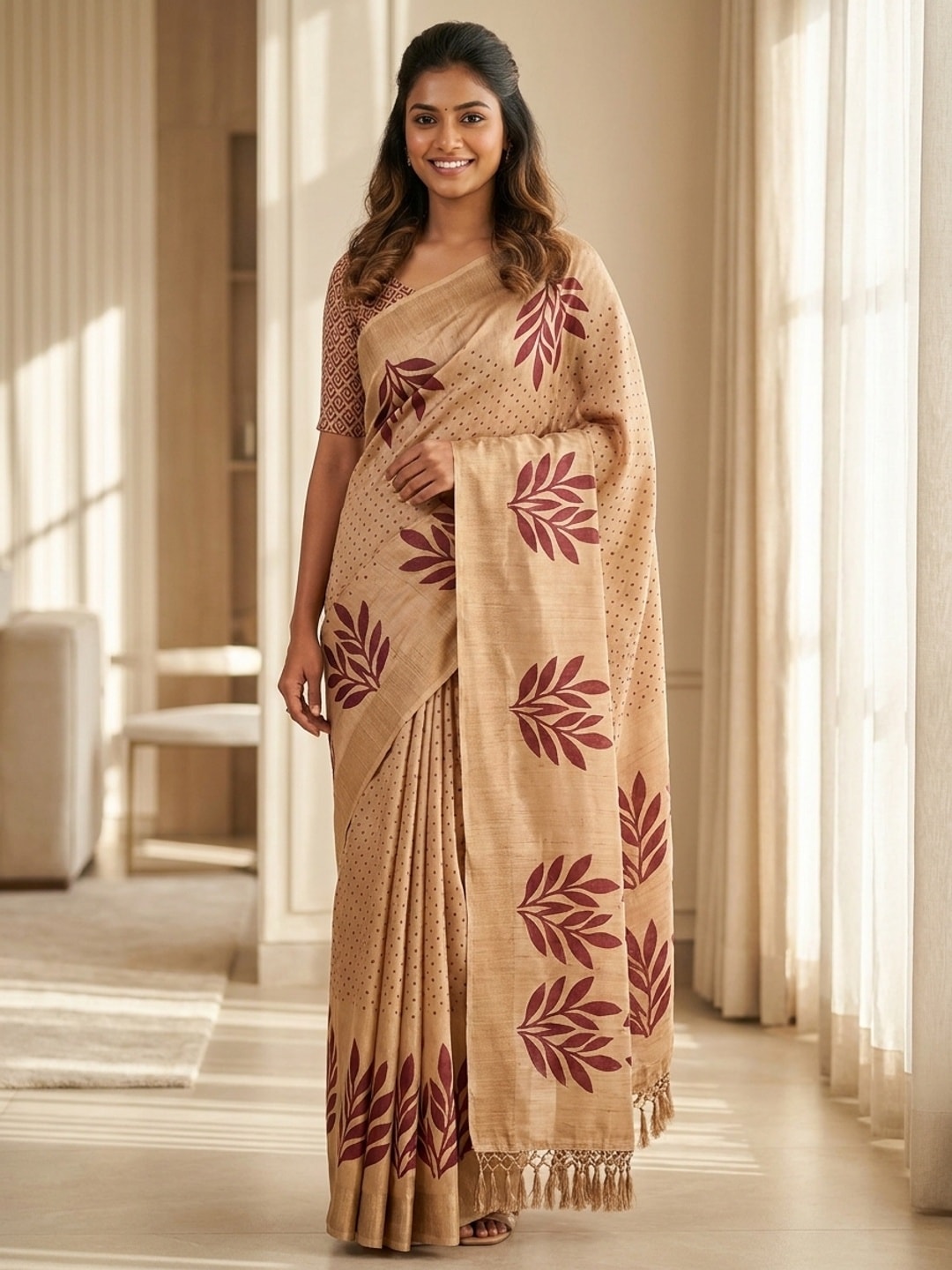 Peachmode Chikoo Digital Printed Erod Silk Saree - Image 1