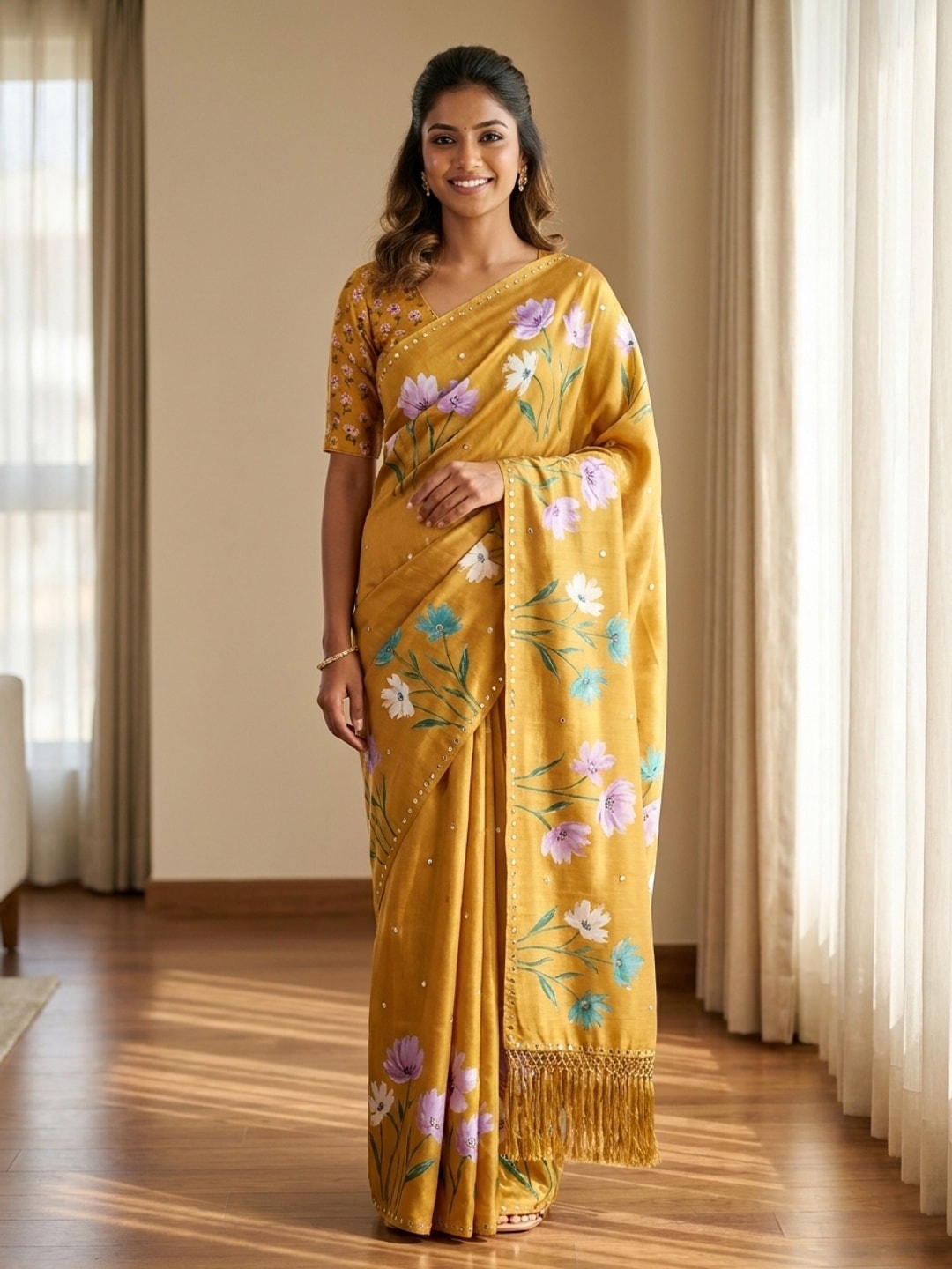 Peachmode Mustard Digital Printed Erod Silk Saree - Image 1