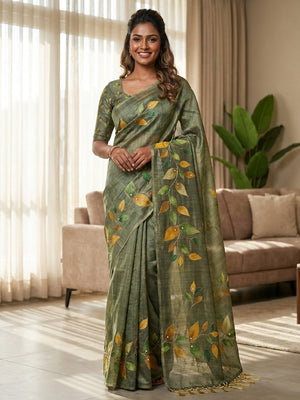 Peachmode Olive Green Digital Printed Erod Silk Saree - Image 1