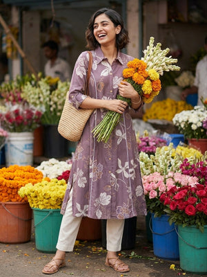 Peachmode Lavender Floral Print Viscose Blend Shirt Kurti - Image 2