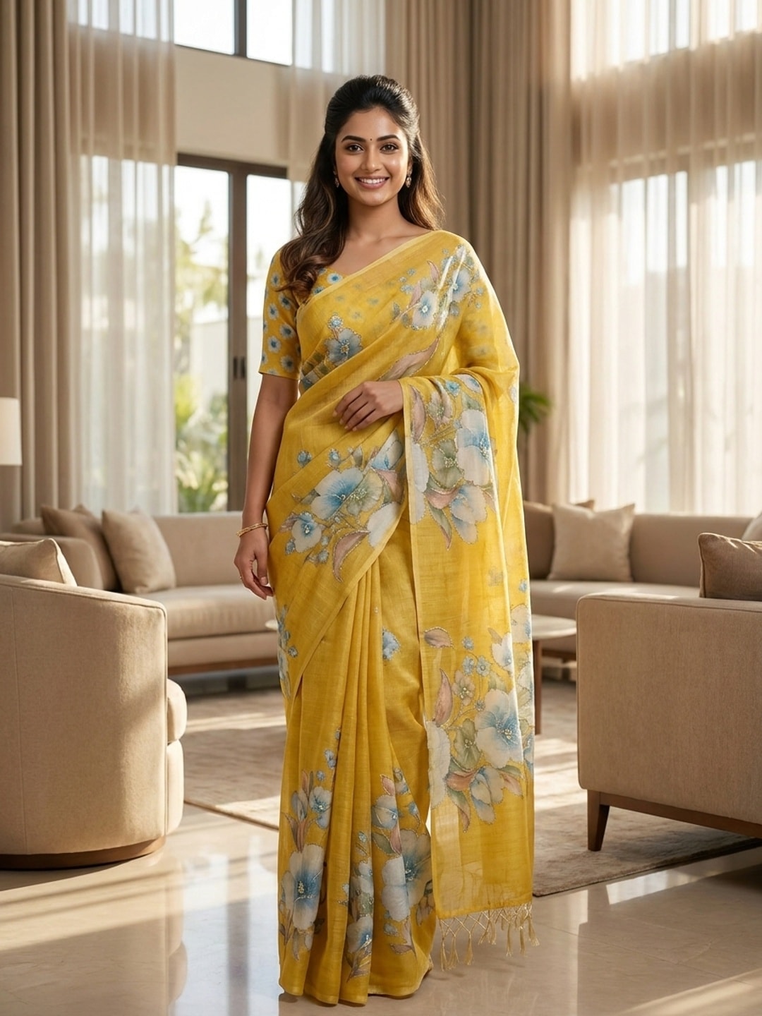 Peachmode Yellow Digital Printed Erod Silk Saree - Image 1
