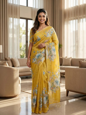 Peachmode Yellow Digital Printed Erod Silk Saree - Image 1