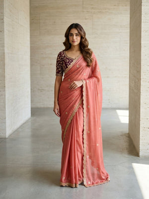 Peachmode Coral Embroidered Georgette Saree - Image 1