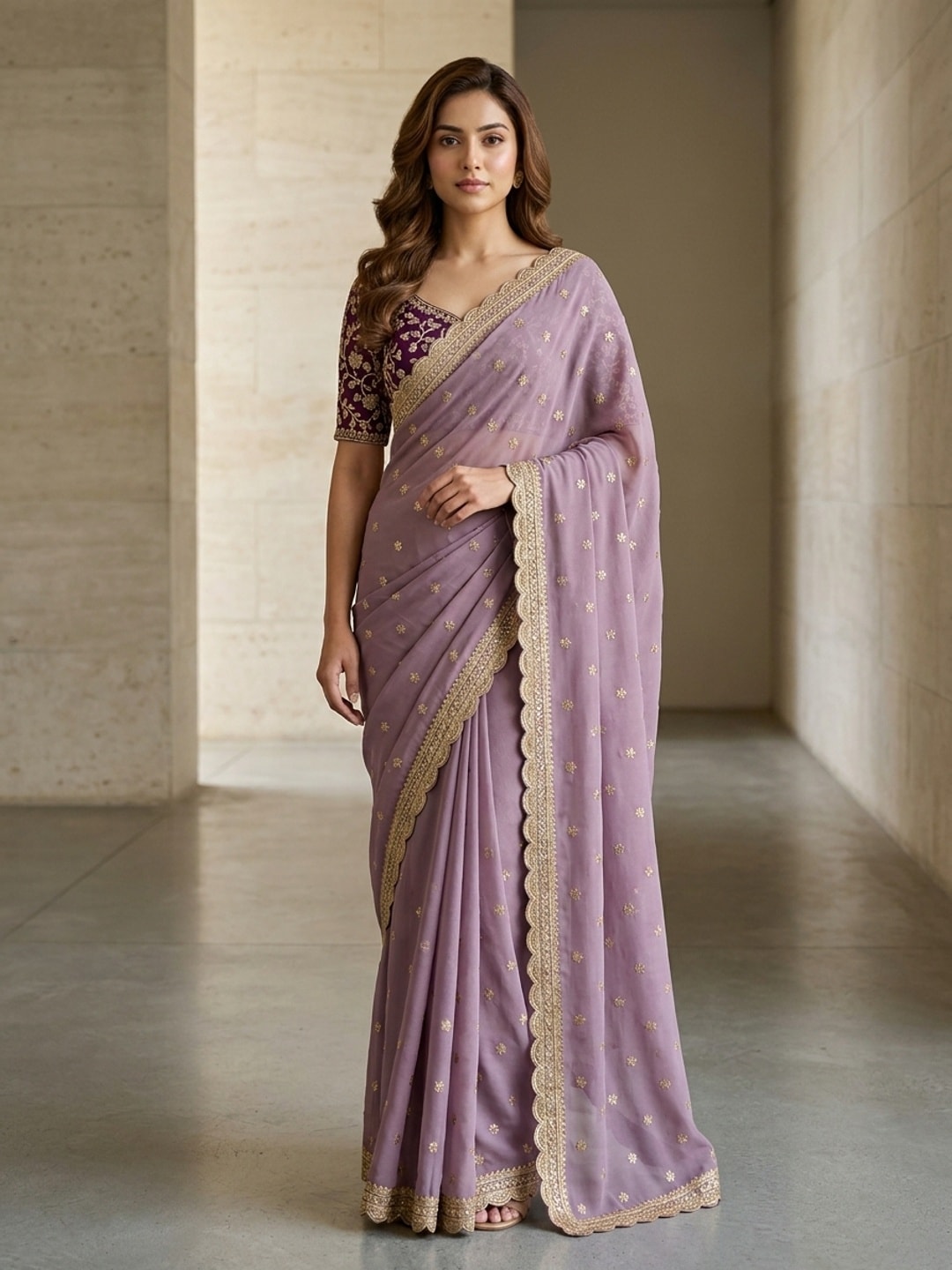 Peachmode Lavender Embroidered Georgette Saree - Image 1
