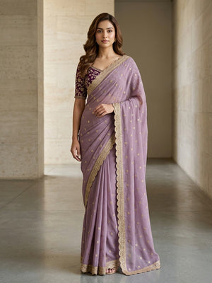 Peachmode Lavender Embroidered Georgette Saree - Image 1