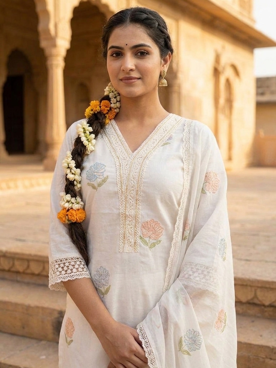 Peachmode Ivory Mul Cotton Embroidered Salwar Suit - Image 5