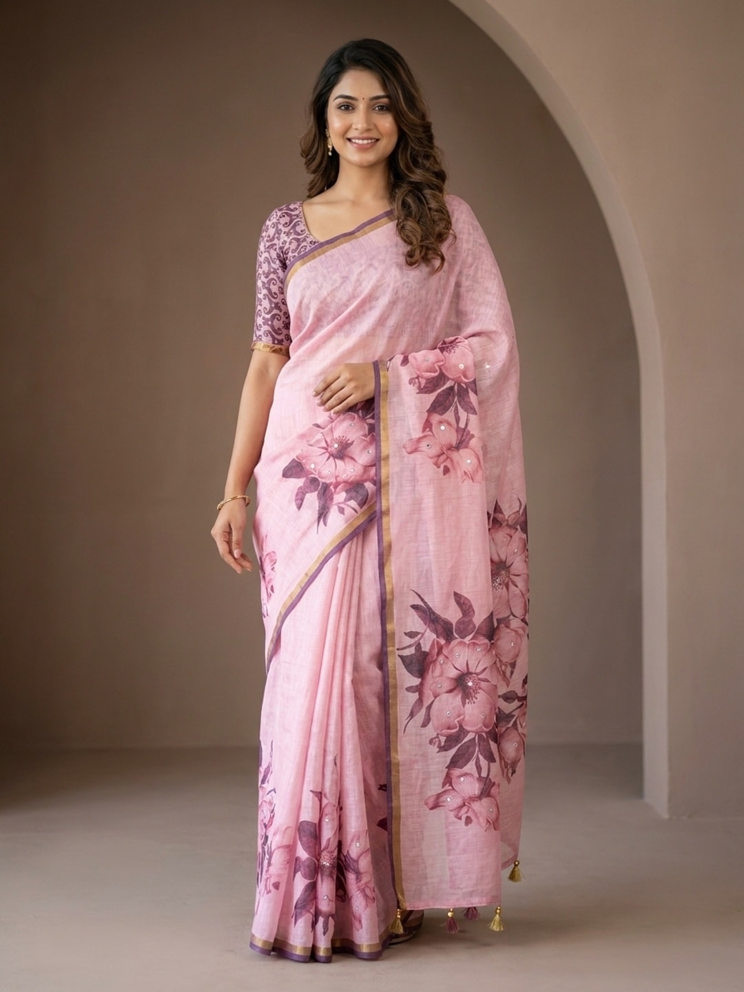 Peachmode Pink Floral Printed Linen Saree With Mirror Work - Image 1