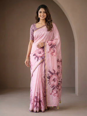 Peachmode Pink Floral Printed Linen Saree With Mirror Work - Image 1